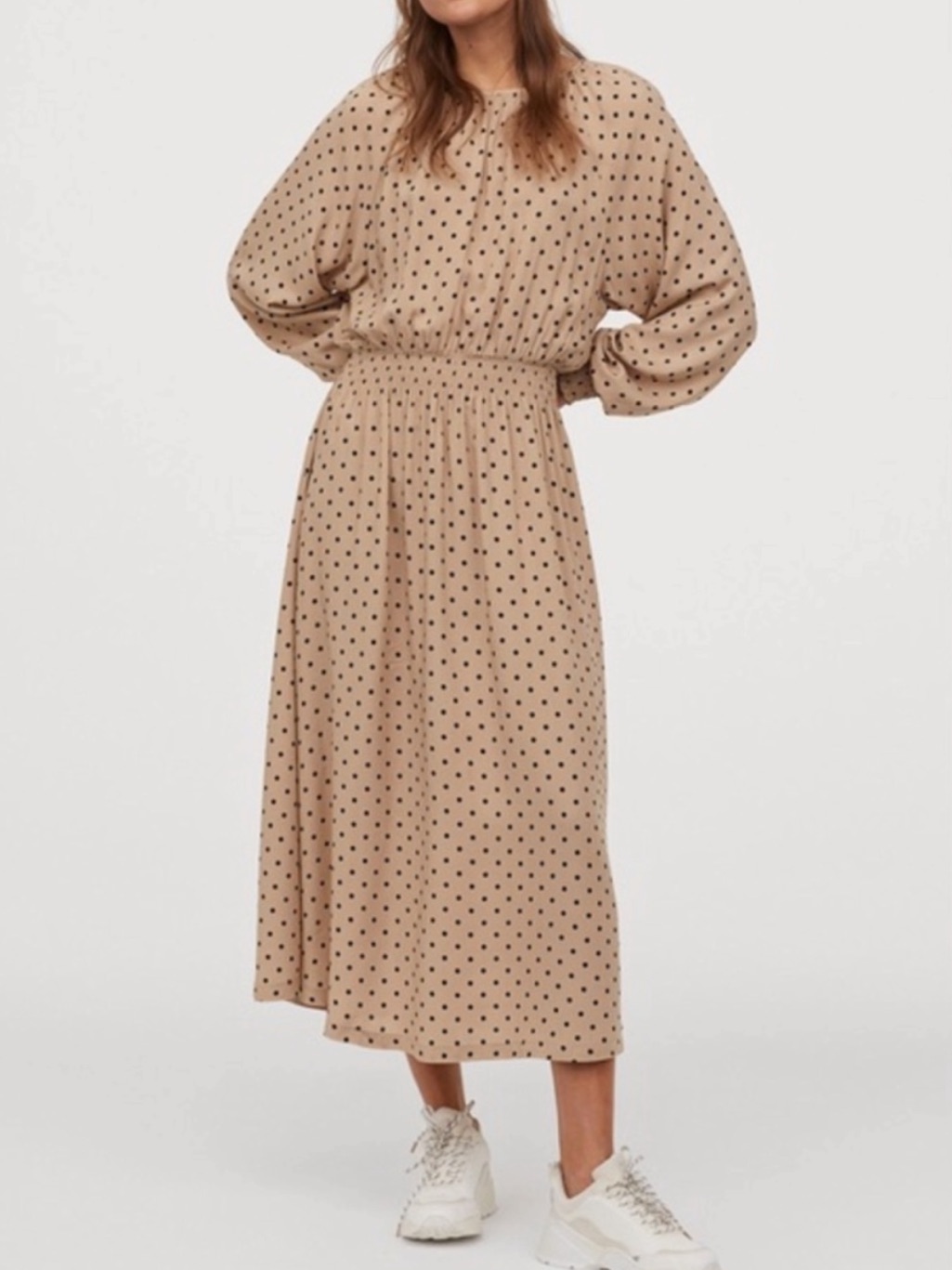 Nwt H&M Polka Dot Midi Dress Smocked Waist And Smocked Cuffs